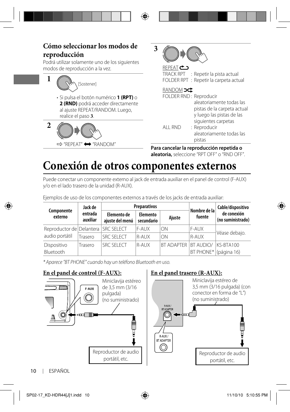 Conexión de otros componentes externos, Cómo seleccionar los modos de reproducción | JVC GET0686-001A User Manual | Page 26 / 49