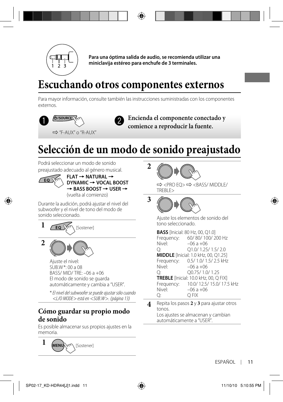 Escuchando otros componentes externos, Selección de un modo de sonido preajustado, Cómo guardar su propio modo de sonido | JVC GET0686-001A User Manual | Page 27 / 49