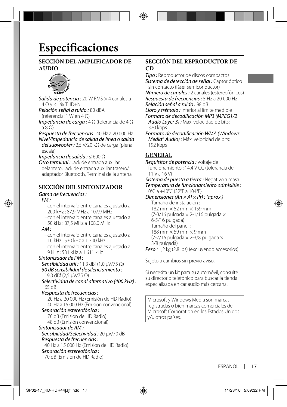 Especificaciones | JVC GET0686-001A User Manual | Page 33 / 49