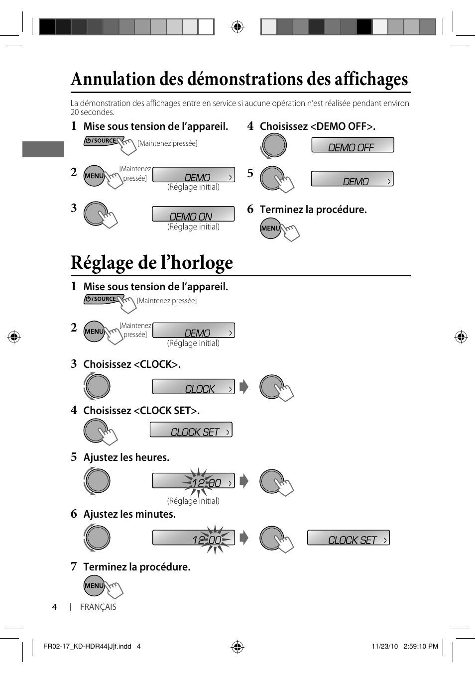 Réglage de l’horloge, Annulation des démonstrations des affichages | JVC GET0686-001A User Manual | Page 36 / 49