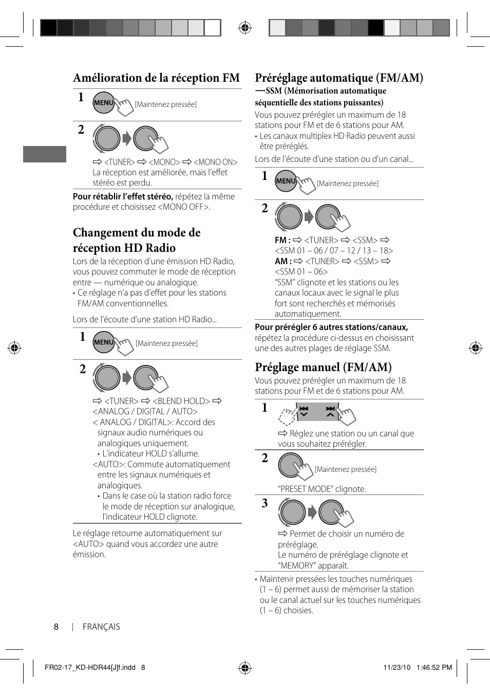 Amélioration de la réception fm, Changement du mode de réception hd radio, Préréglage automatique (fm/am) | Préglage manuel (fm/am) | JVC GET0686-001A User Manual | Page 40 / 49