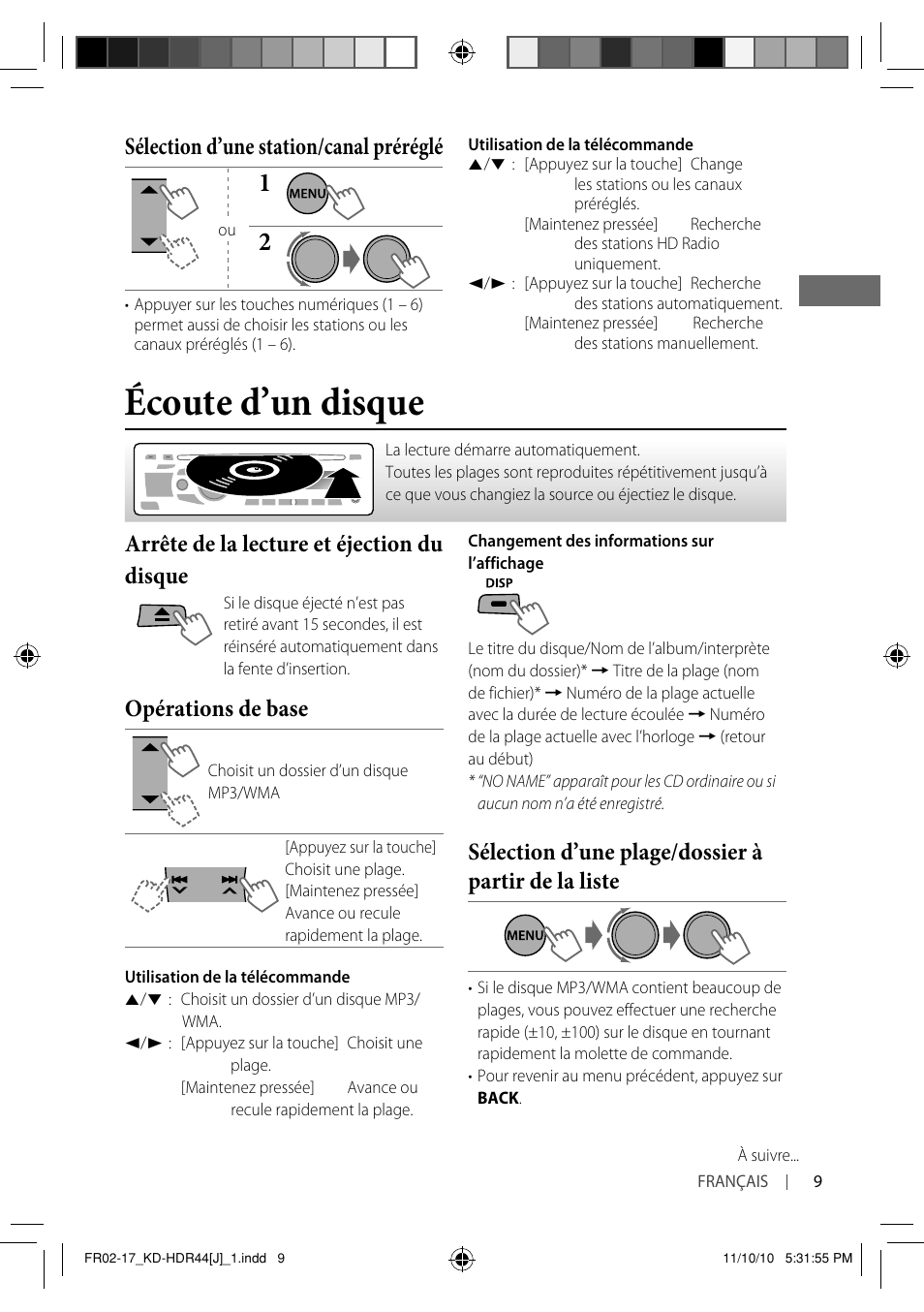 Écoute d’un disque, Sélection d’une station/canal préréglé, Arrête de la lecture et éjection du disque | Opérations de base, Sélection d’une plage/dossier à partir de la liste | JVC GET0686-001A User Manual | Page 41 / 49