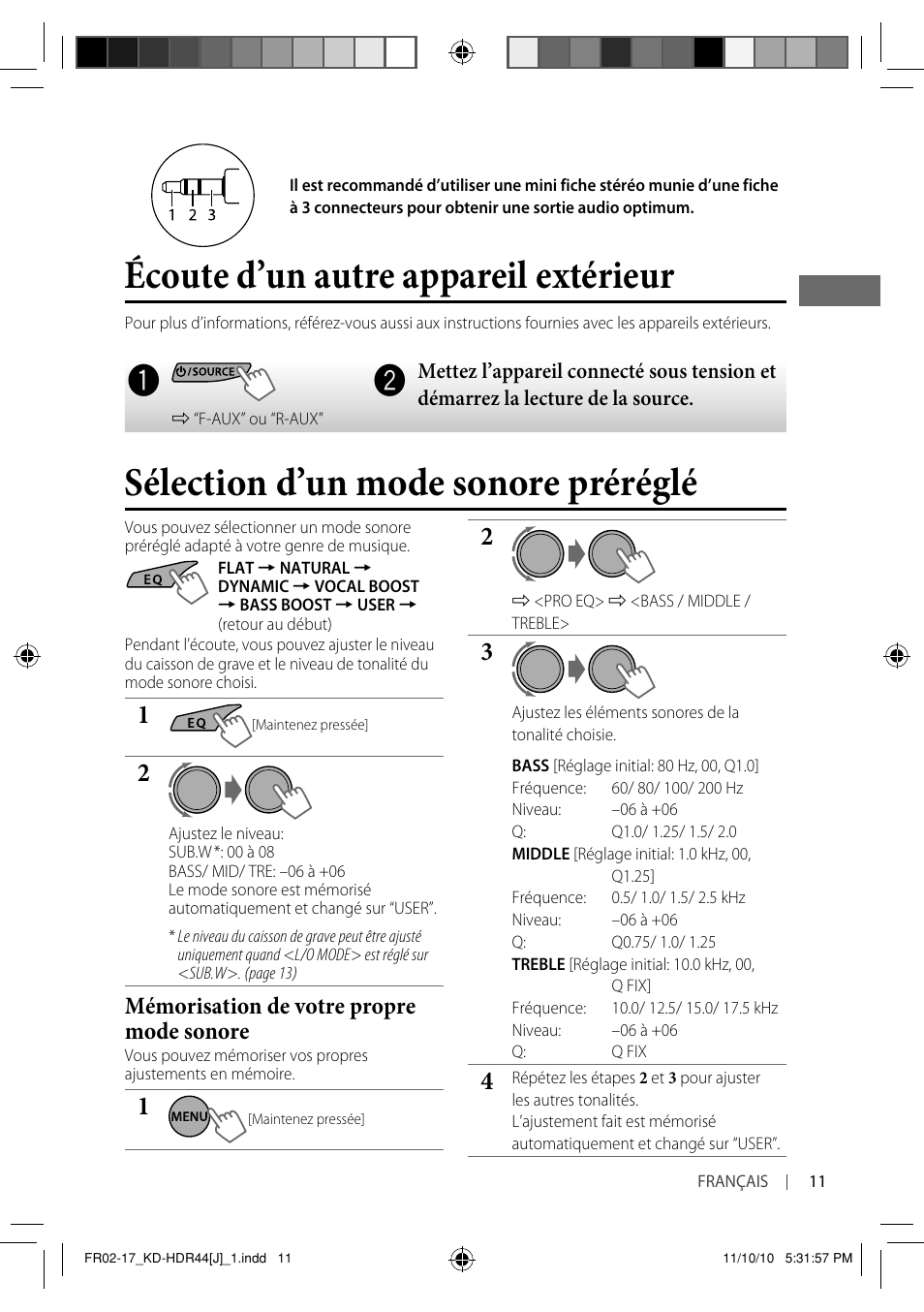 Écoute d’un autre appareil extérieur, Sélection d’un mode sonore préréglé, Mémorisation de votre propre mode sonore | JVC GET0686-001A User Manual | Page 43 / 49