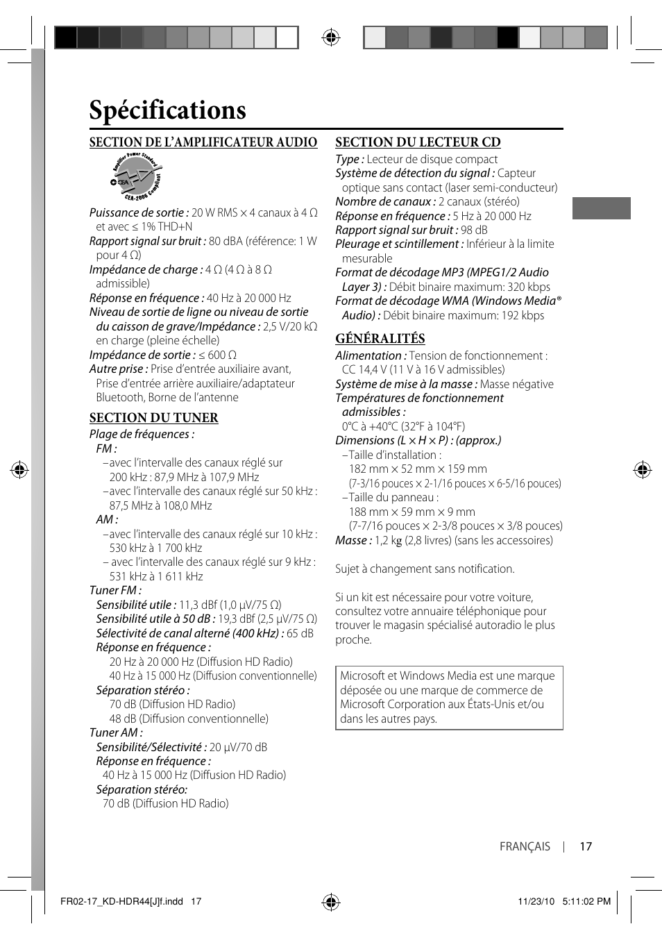 Spécifications | JVC GET0686-001A User Manual | Page 49 / 49
