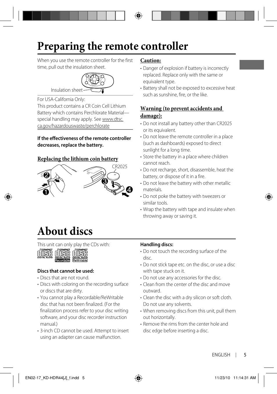 Preparing the remote controller about discs | JVC GET0686-001A User Manual | Page 5 / 49