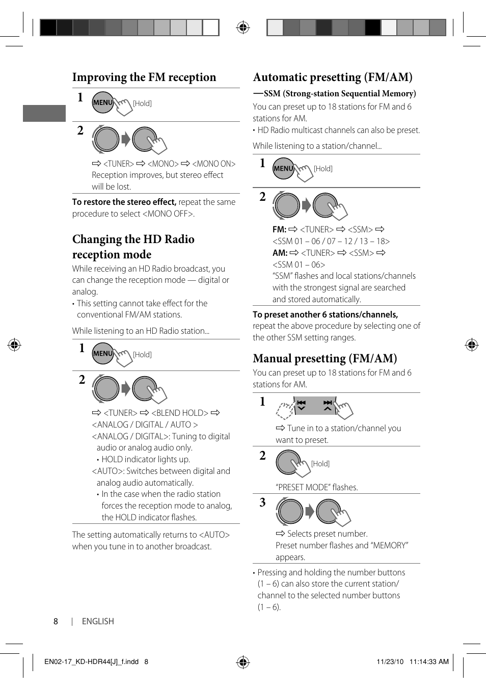 Improving the fm reception, Changing the hd radio reception mode, Automatic presetting (fm/am) | Manual presetting (fm/am) | JVC GET0686-001A User Manual | Page 8 / 49