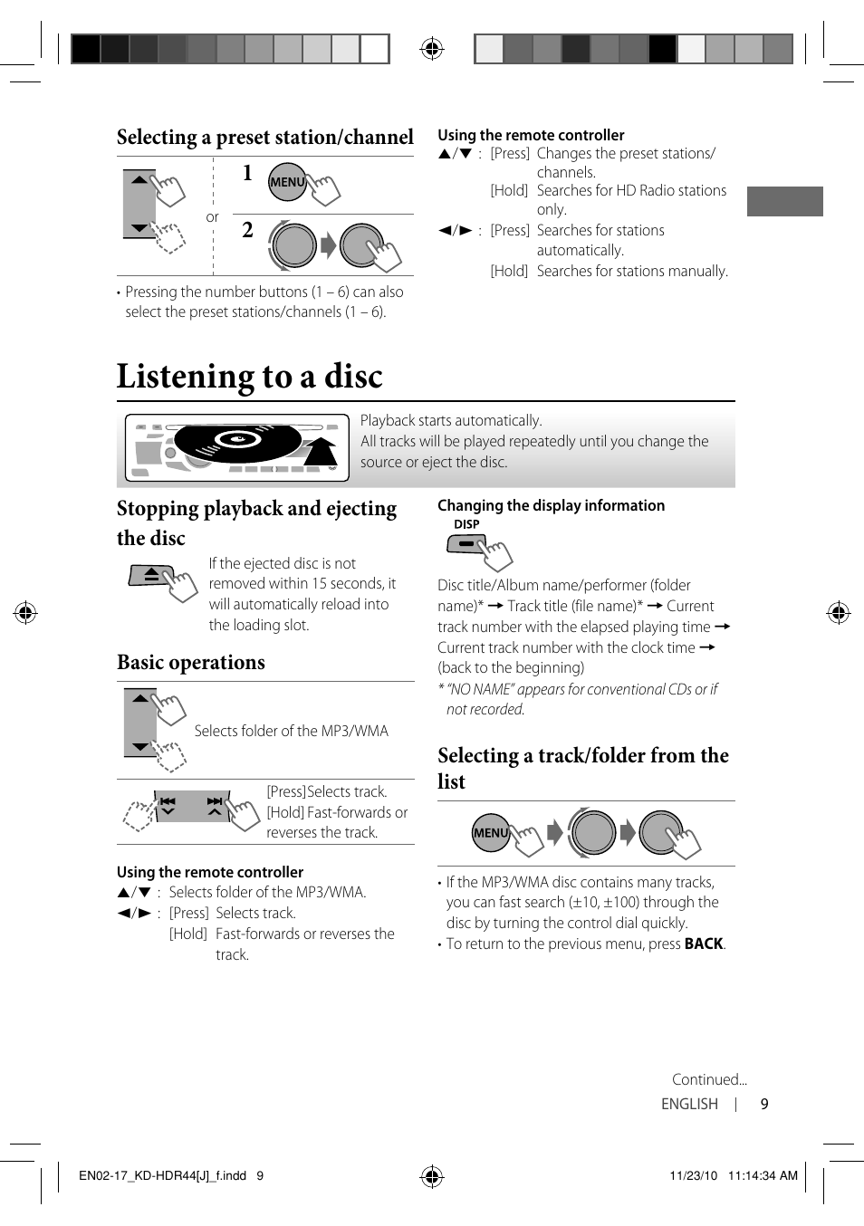 Listening to a disc, Selecting a preset station/channel, Stopping playback and ejecting the disc | Basic operations, Selecting a track/folder from the list | JVC GET0686-001A User Manual | Page 9 / 49