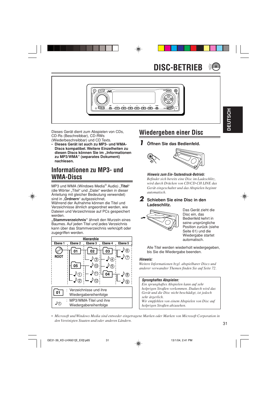 Disc-betrieb, Informationen zu mp3- und wma-discs, Wiedergeben einer disc 1 | JVC KD-LHX601 User Manual | Page 103 / 291