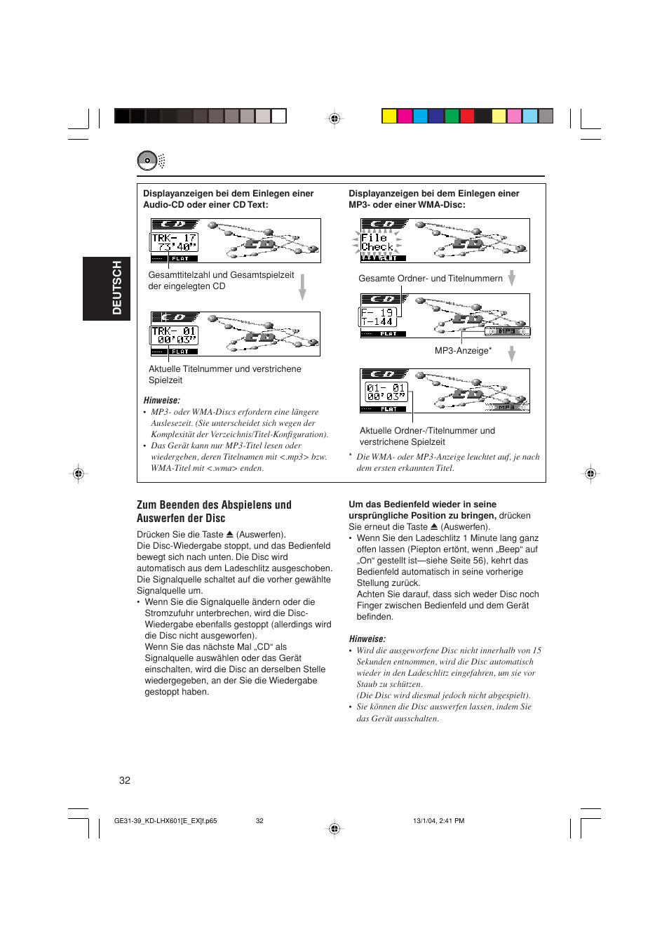 Deutsch, Zum beenden des abspielens und auswerfen der disc | JVC KD-LHX601 User Manual | Page 104 / 291