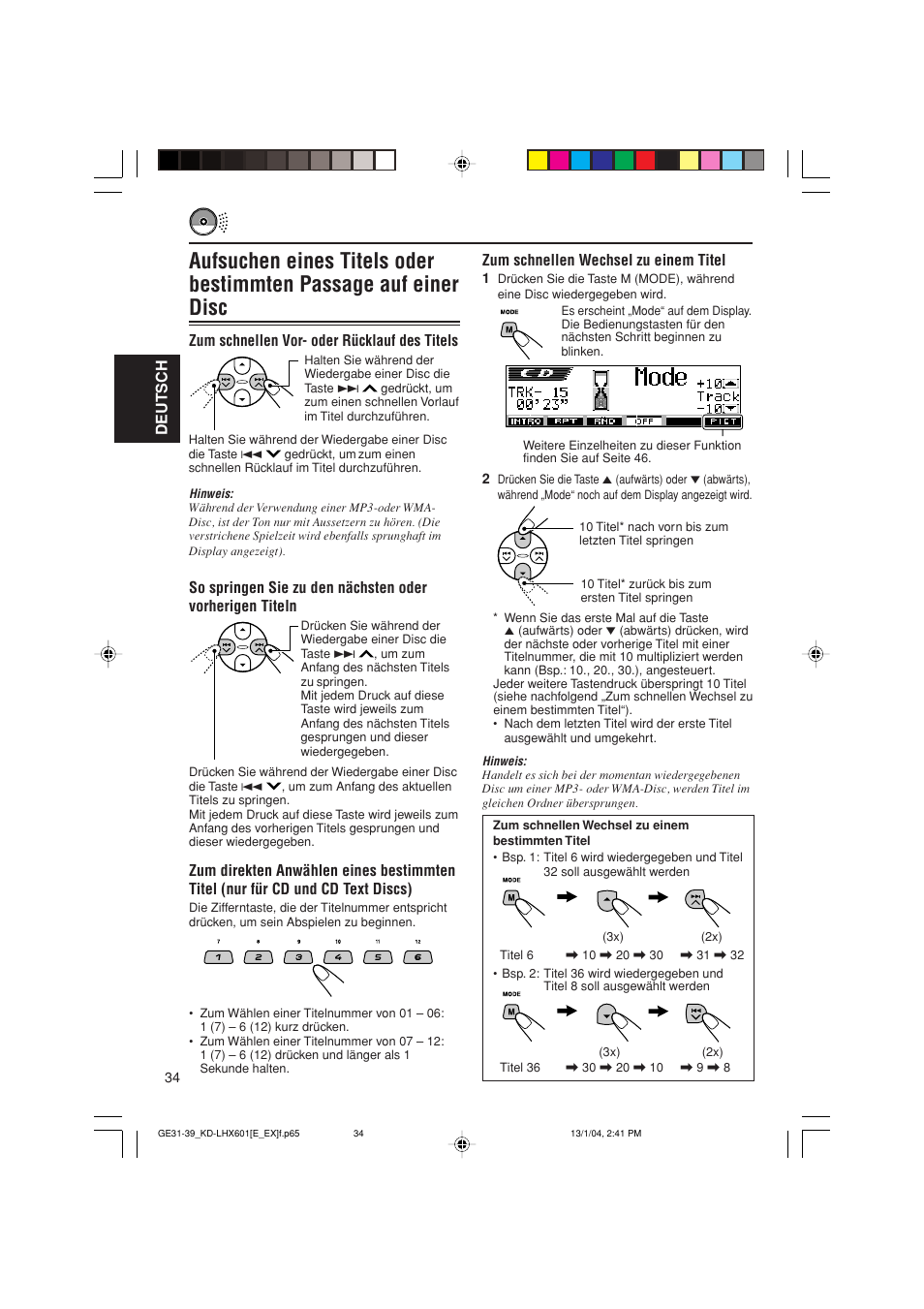 Deutsch zum schnellen wechsel zu einem titel, Zum schnellen vor- oder rücklauf des titels | JVC KD-LHX601 User Manual | Page 106 / 291