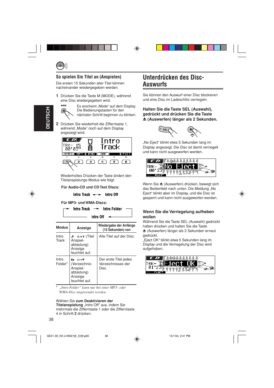 Unterdrücken des disc- auswurfs, Deutsch so spielen sie titel an (anspielen) | JVC KD-LHX601 User Manual | Page 110 / 291