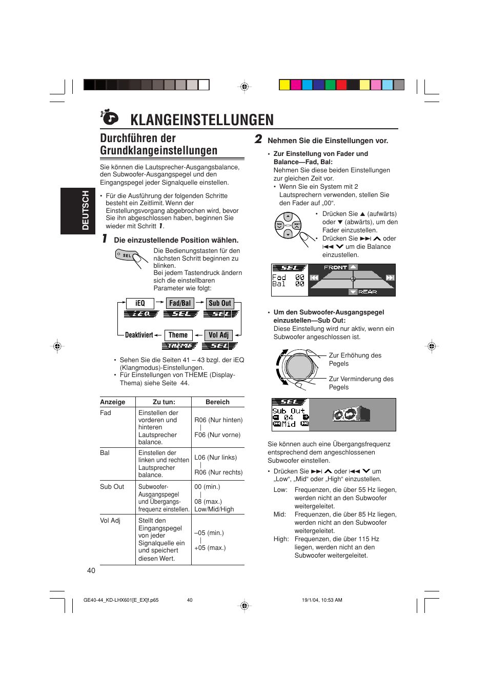 Klangeinstellungen, Durchführen der grundklangeinstellungen | JVC KD-LHX601 User Manual | Page 112 / 291