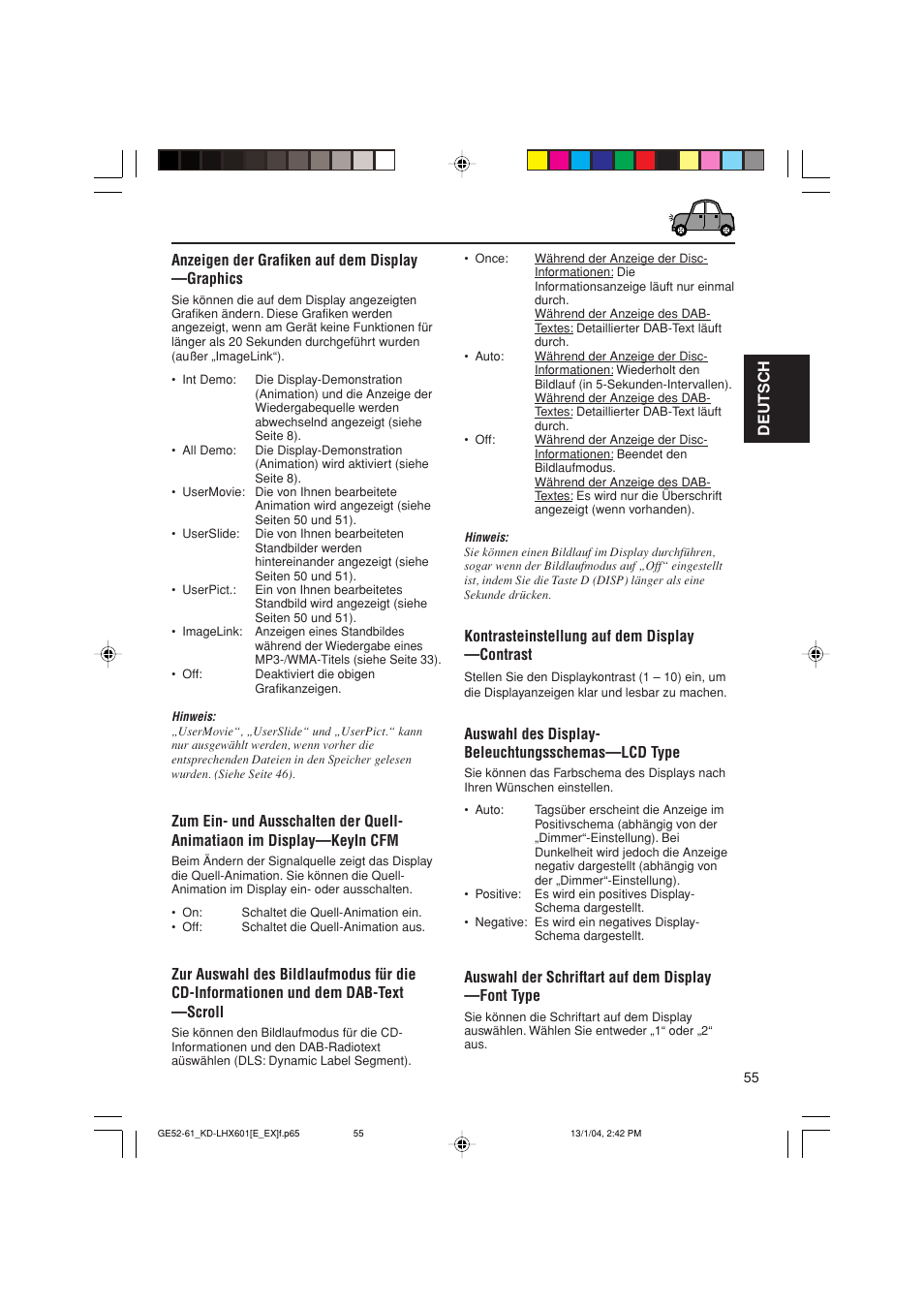 Kontrasteinstellung auf dem display —contrast, Auswahl des display- beleuchtungsschemas—lcd type, Auswahl der schriftart auf dem display —font type | JVC KD-LHX601 User Manual | Page 127 / 291