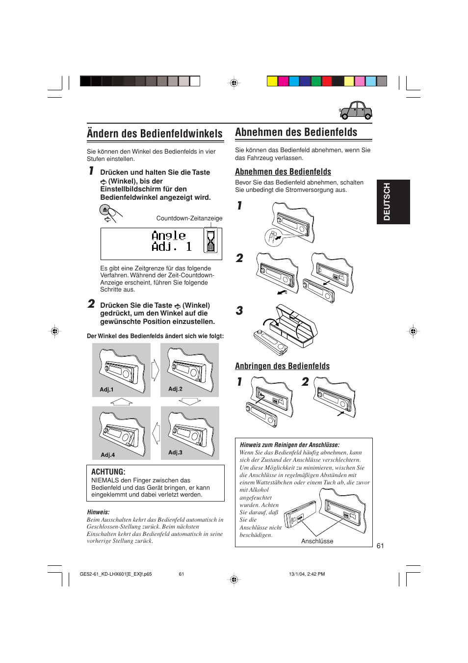 Ändern des bedienfeldwinkels, Abnehmen des bedienfelds | JVC KD-LHX601 User Manual | Page 133 / 291