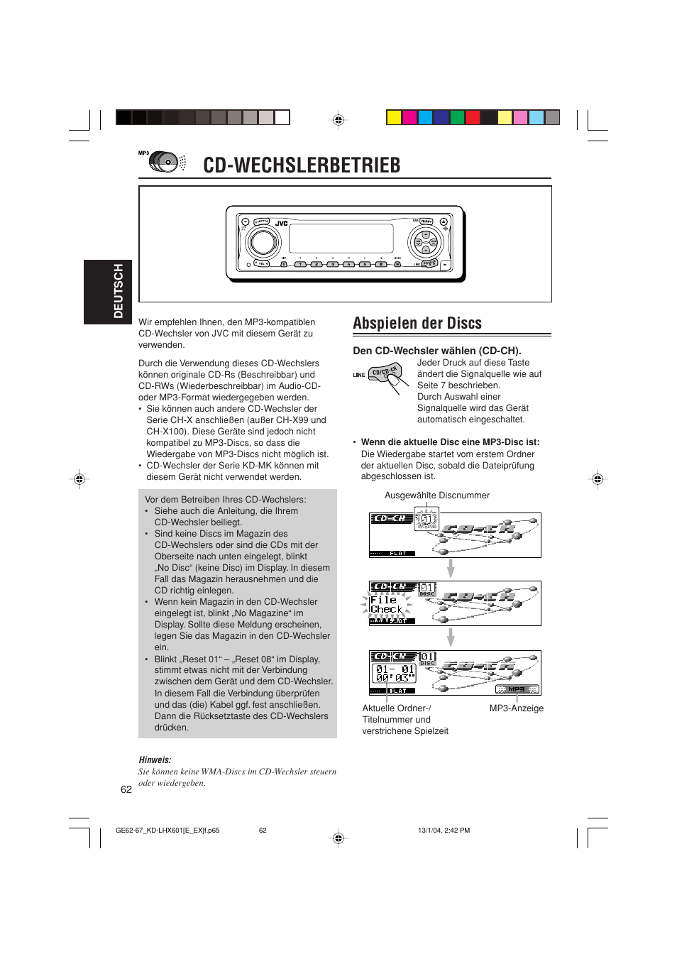 Cd-wechslerbetrieb, Abspielen der discs | JVC KD-LHX601 User Manual | Page 134 / 291