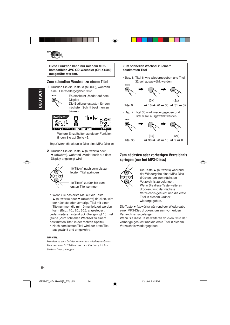 Deutsch, Zum schnellen wechsel zu einem titel | JVC KD-LHX601 User Manual | Page 136 / 291