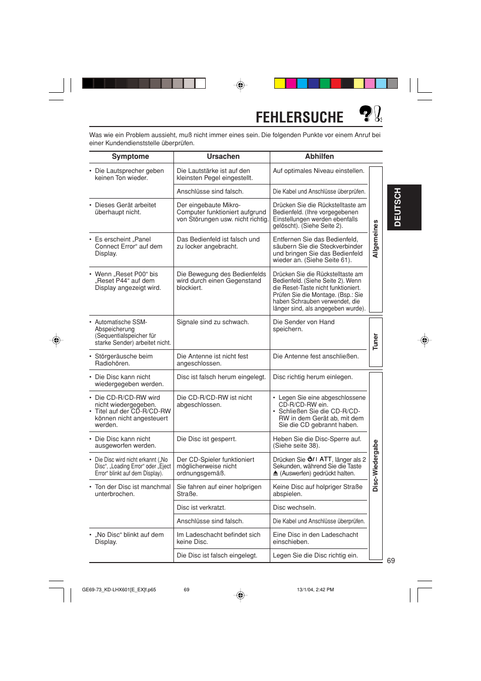 Fehlersuche, Deutsch | JVC KD-LHX601 User Manual | Page 141 / 291