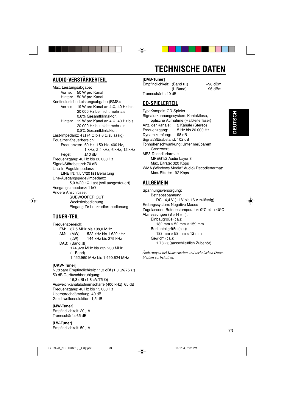 Technische daten, Audio-verstärkerteil, Tuner-teil | Cd-spielerteil, Allgemein, Deutsch | JVC KD-LHX601 User Manual | Page 145 / 291