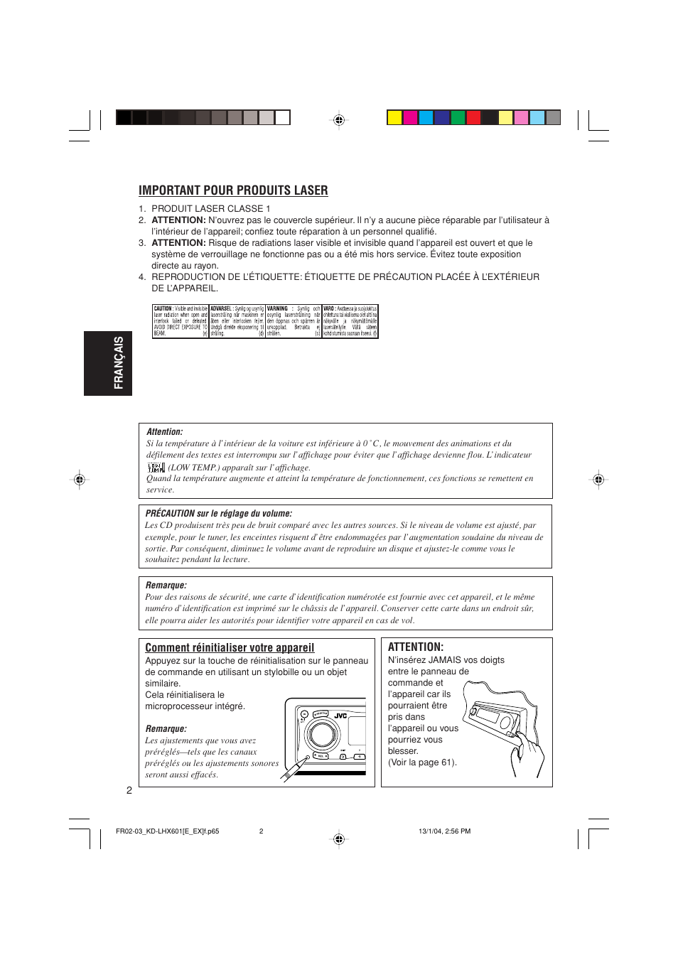 Important pour produits laser, Français comment réinitialiser votre appareil, Attention | JVC KD-LHX601 User Manual | Page 146 / 291