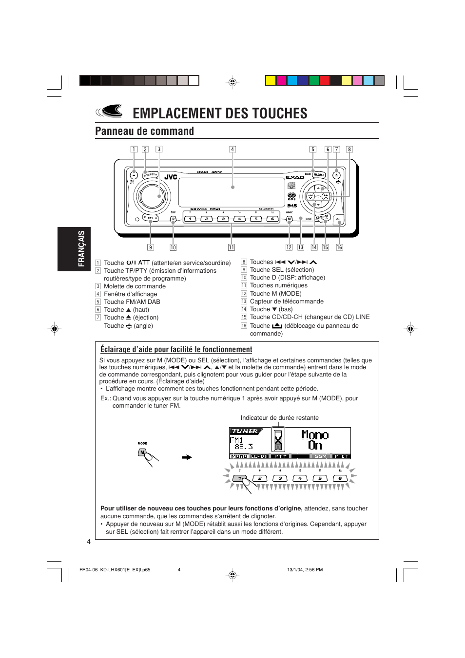 Emplacement des touches, Panneau de command | JVC KD-LHX601 User Manual | Page 148 / 291