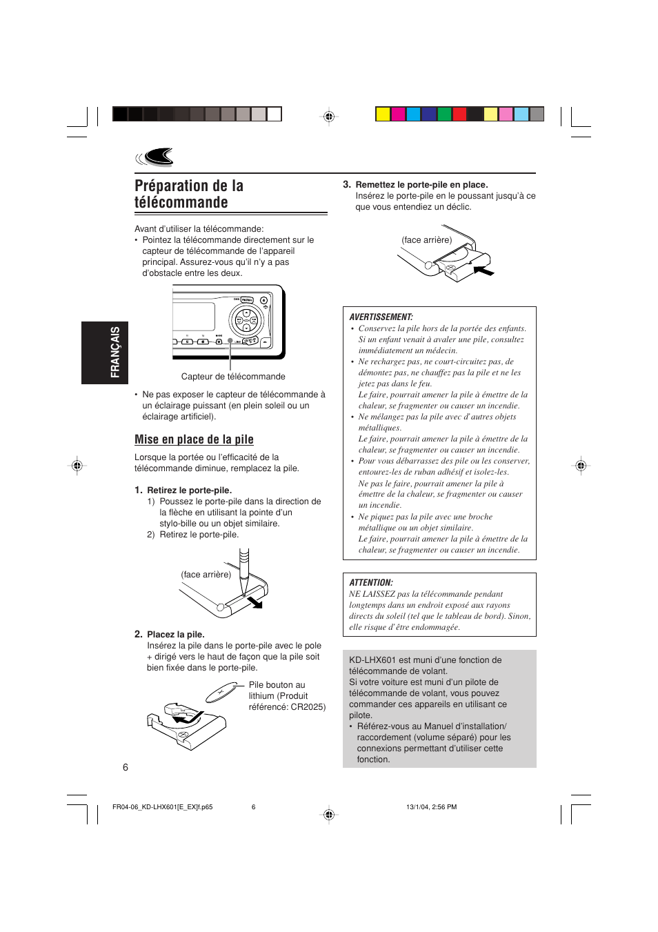 Préparation de la télécommande, Mise en place de la pile | JVC KD-LHX601 User Manual | Page 150 / 291