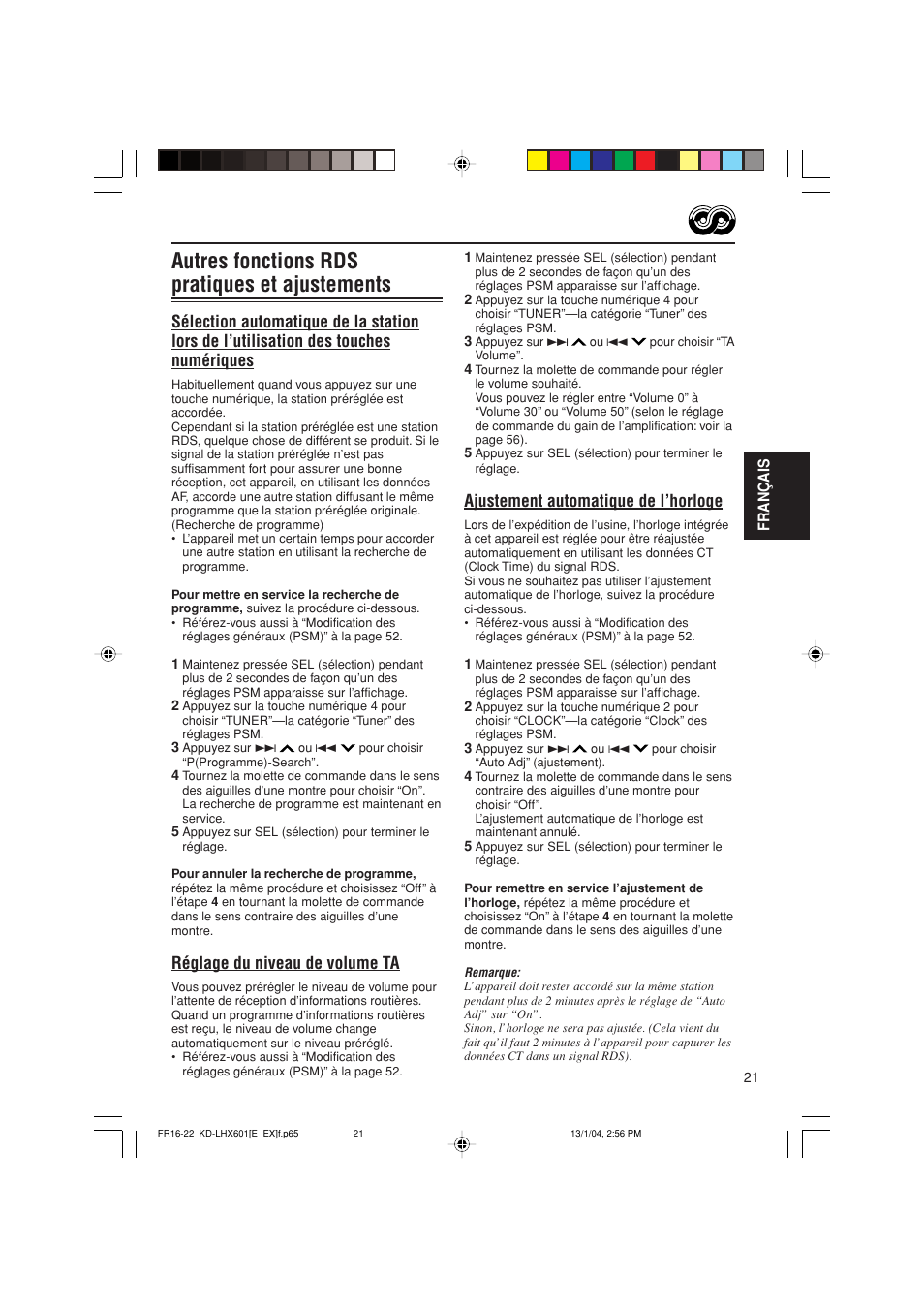 Autres fonctions rds pratiques et ajustements, Ajustement automatique de l’horloge, Réglage du niveau de volume ta | JVC KD-LHX601 User Manual | Page 165 / 291
