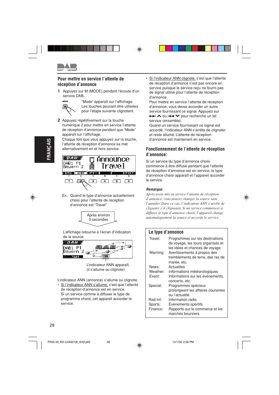 Fonctionnement de l’attente de réception d’annonce, Le type d’annonce | JVC KD-LHX601 User Manual | Page 172 / 291
