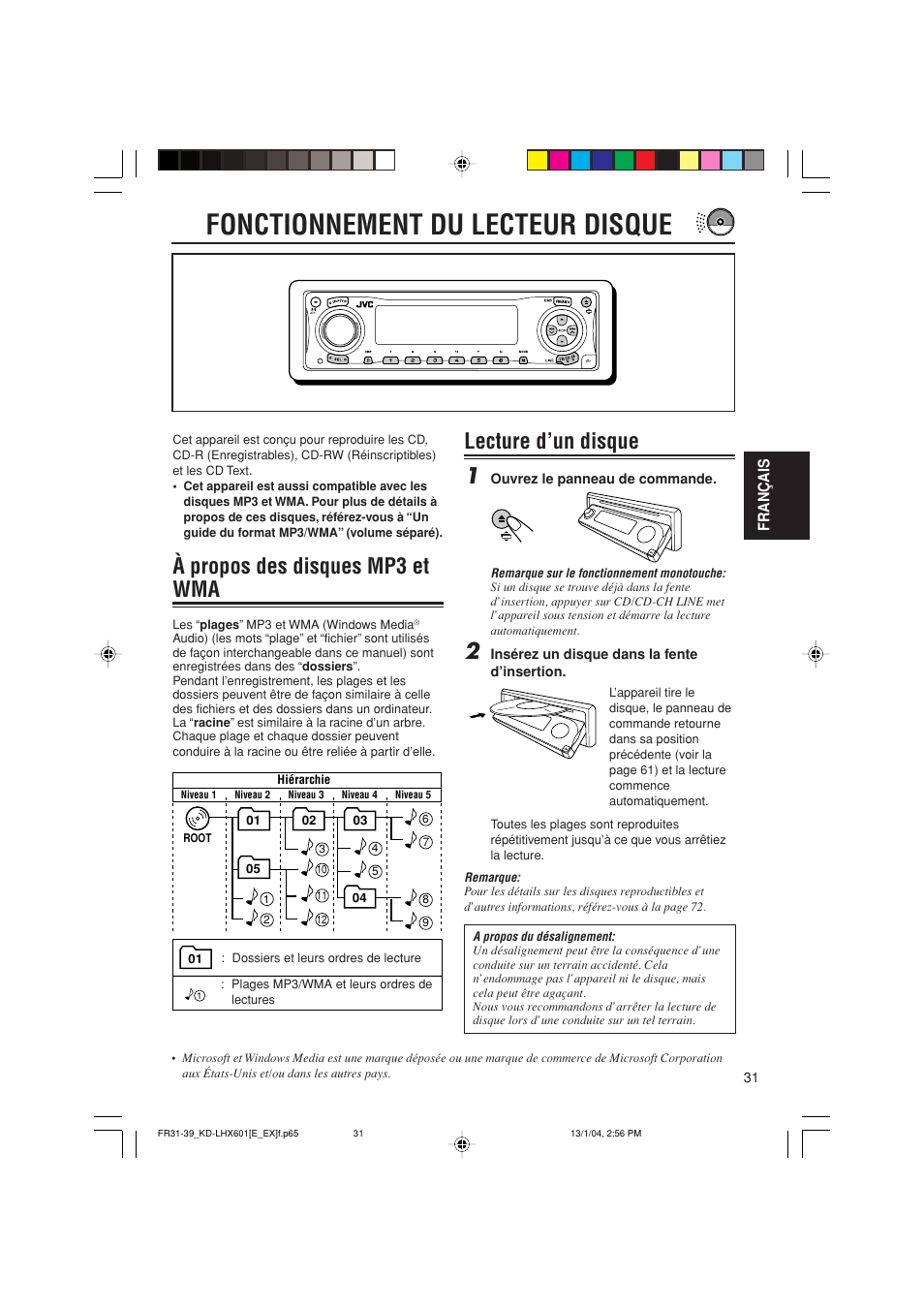 Fonctionnement du lecteur disque, À propos des disques mp3 et wma, Lecture d’un disque 1 | JVC KD-LHX601 User Manual | Page 175 / 291