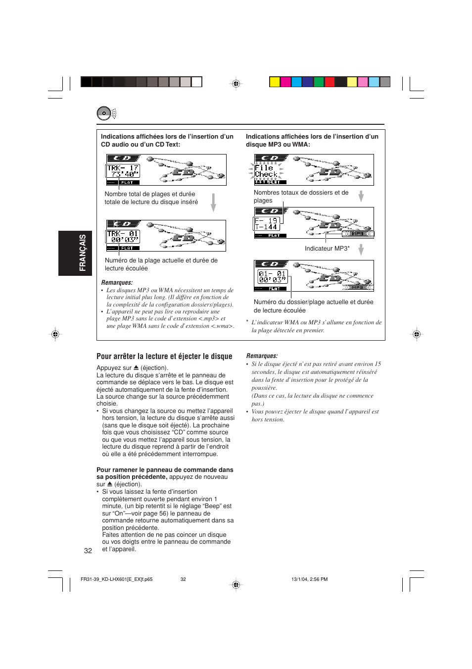 Fran ç ais, Pour arrêter la lecture et éjecter le disque | JVC KD-LHX601 User Manual | Page 176 / 291