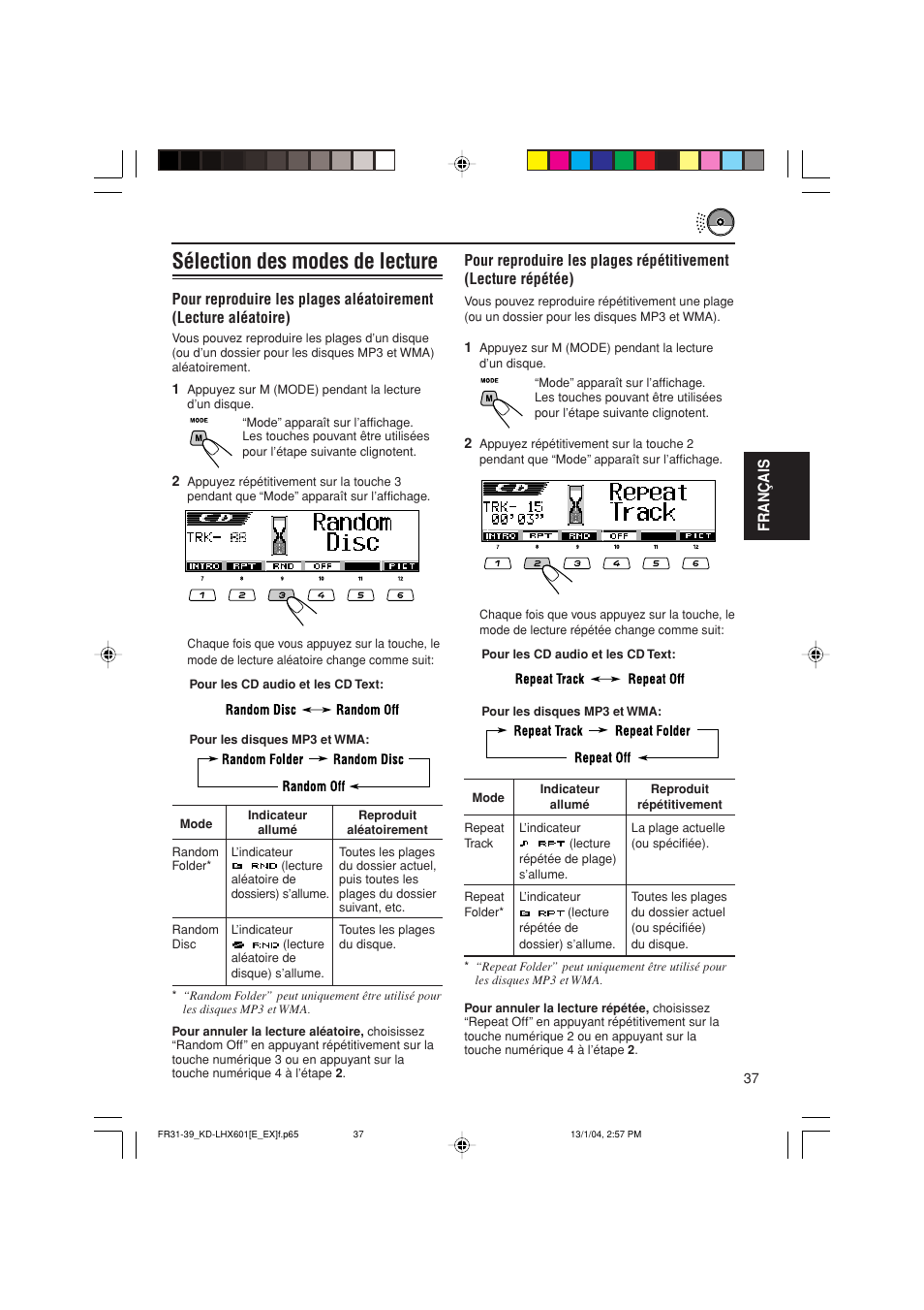 Sélection des modes de lecture, Fran ç ais | JVC KD-LHX601 User Manual | Page 181 / 291