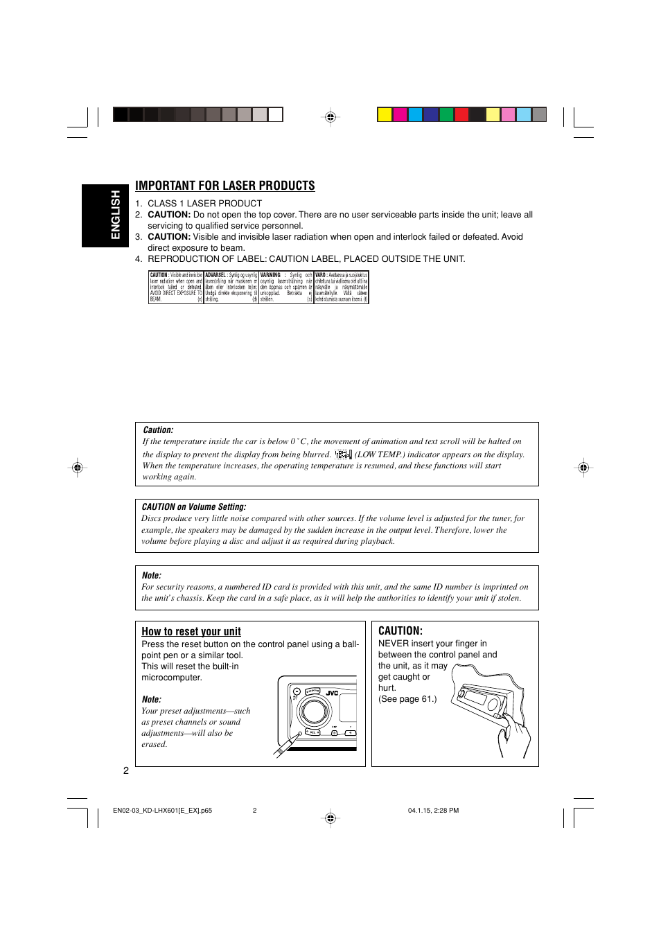 Important for laser products, English how to reset your unit, Caution | JVC KD-LHX601 User Manual | Page 2 / 291