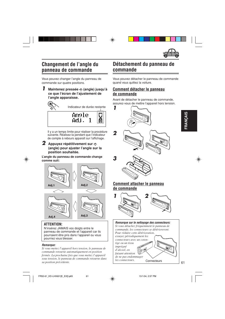 Changement de l’angle du panneau de commande, Détachement du panneau de commande | JVC KD-LHX601 User Manual | Page 205 / 291