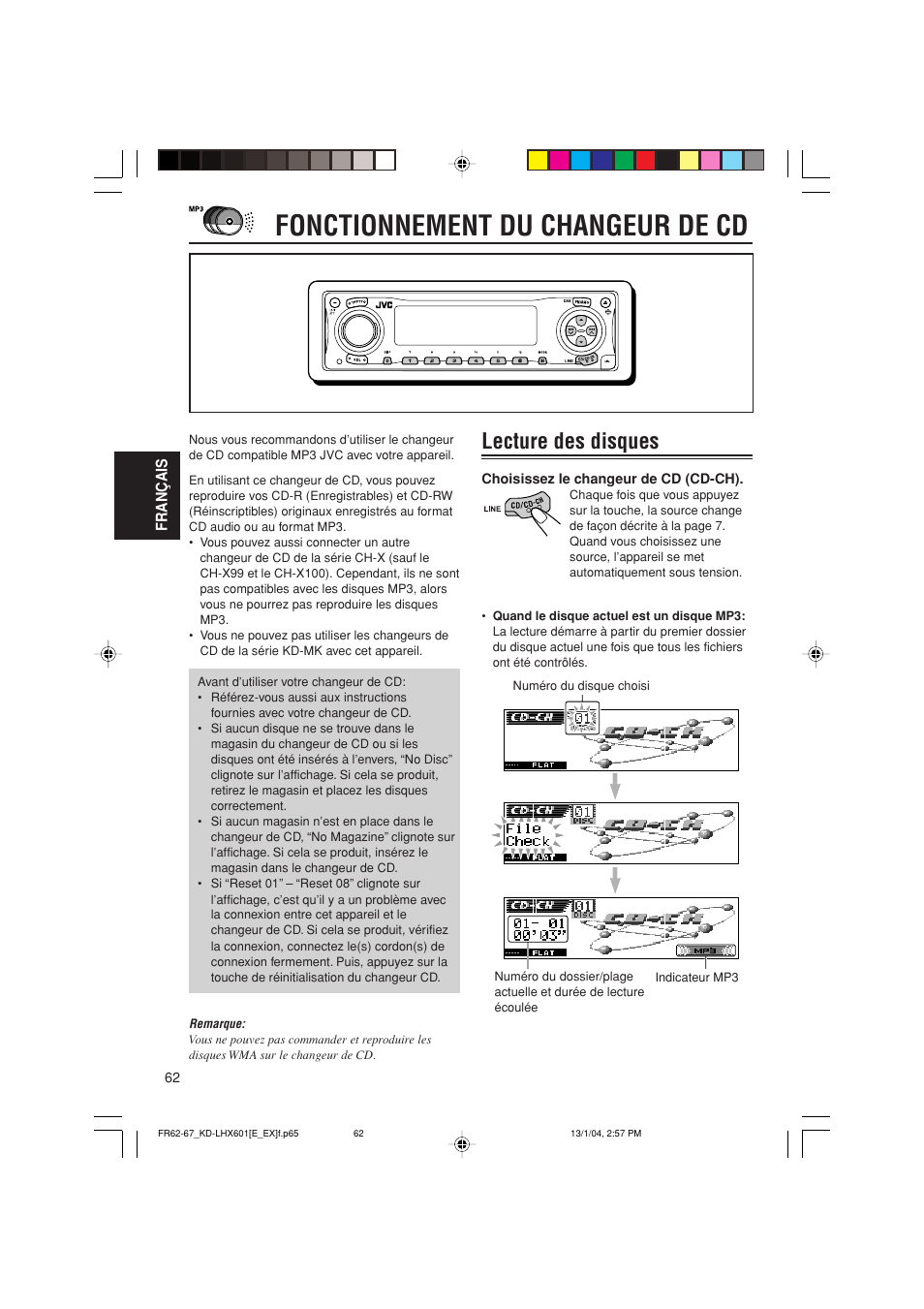 Fonctionnement du changeur de cd, Lecture des disques | JVC KD-LHX601 User Manual | Page 206 / 291