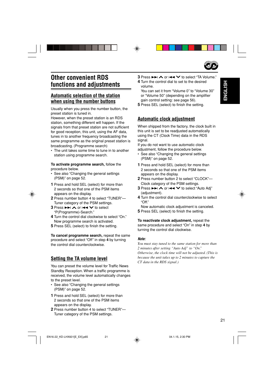 Other convenient rds functions and adjustments, Automatic clock adjustment, Setting the ta volume level | JVC KD-LHX601 User Manual | Page 21 / 291