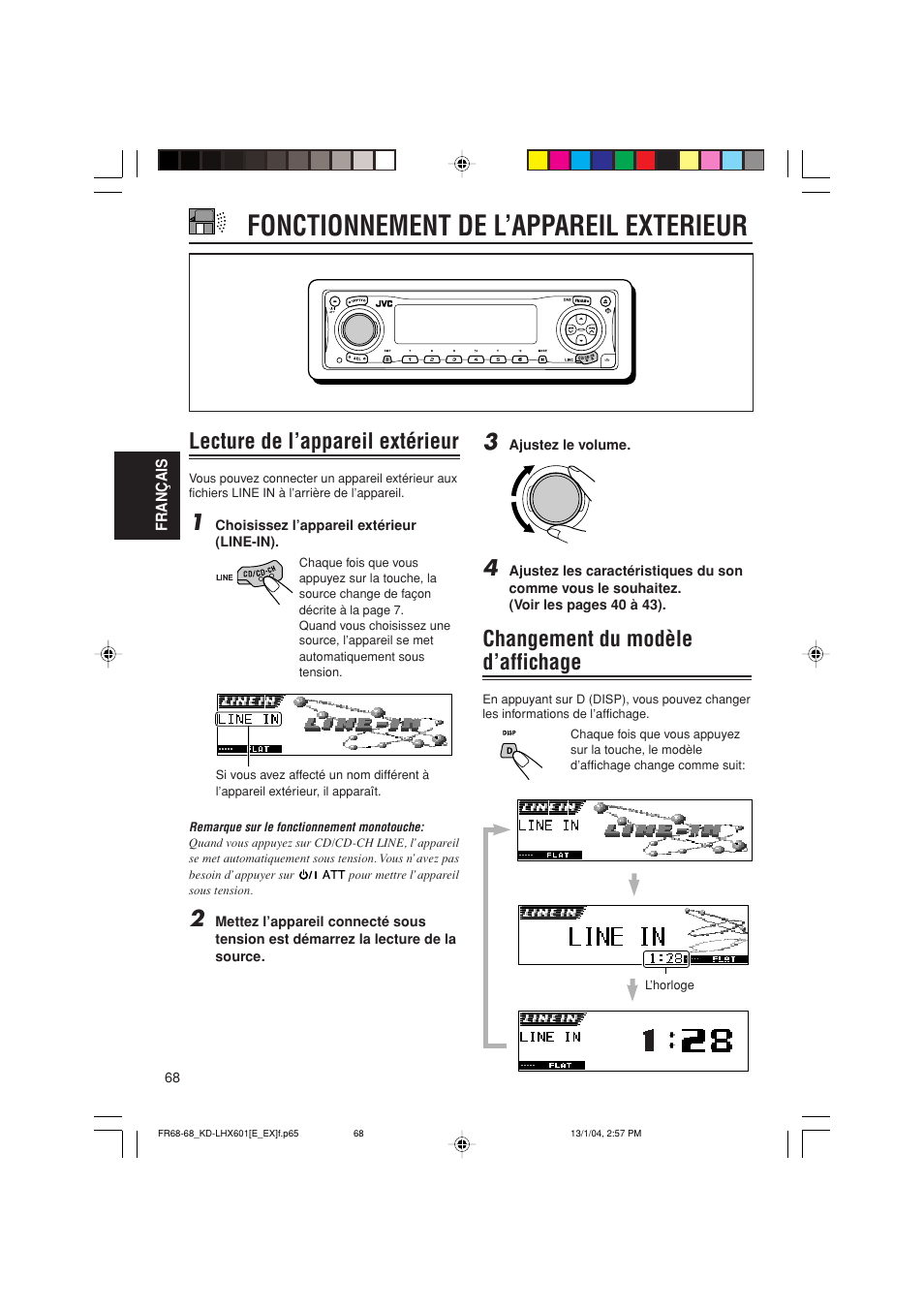 Fonctionnement de l’appareil exterieur, Lecture de l’appareil extérieur, Changement du modèle d’affichage | JVC KD-LHX601 User Manual | Page 212 / 291