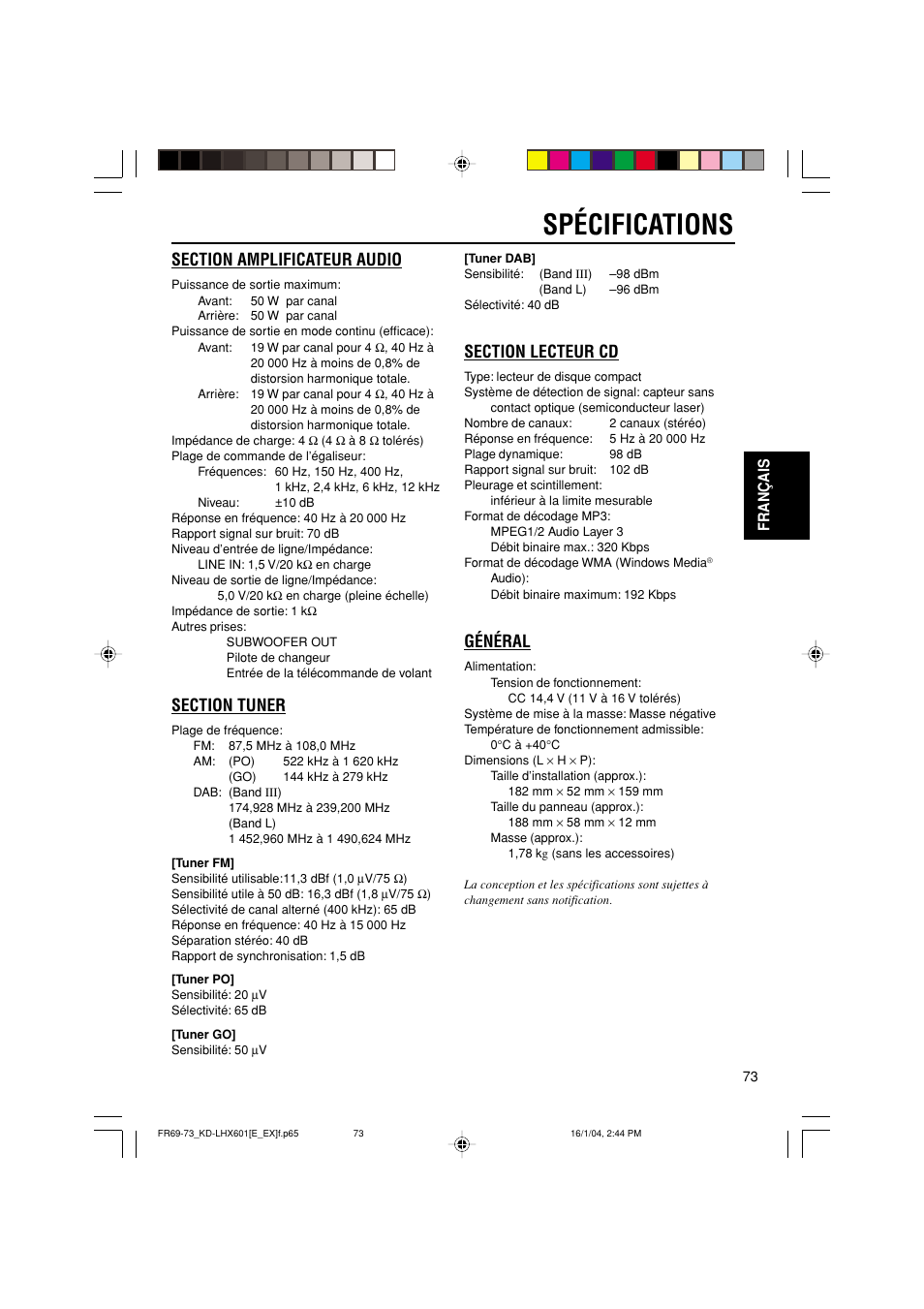 Spécifications, Général, Français | JVC KD-LHX601 User Manual | Page 217 / 291