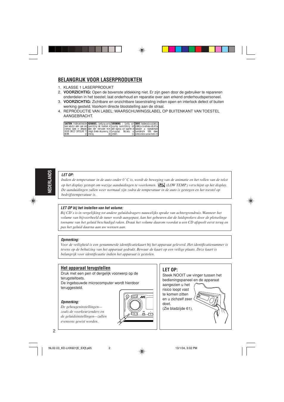 Belangrijk voor laserprodukten, Nederlands het apparaat terugstellen, Let op | JVC KD-LHX601 User Manual | Page 218 / 291