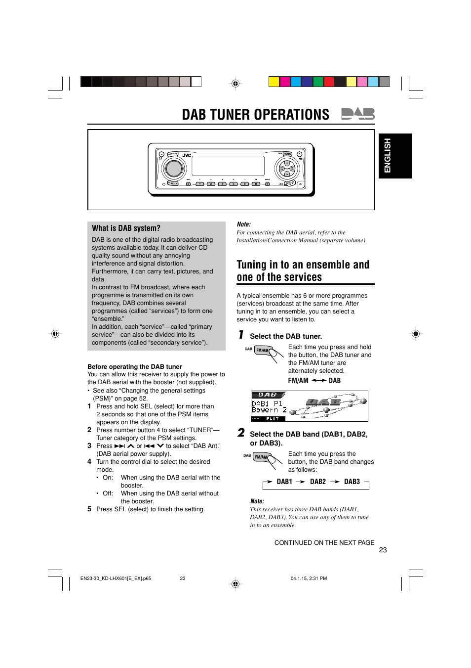 Dab tuner operations, Tuning in to an ensemble and one of the services | JVC KD-LHX601 User Manual | Page 23 / 291