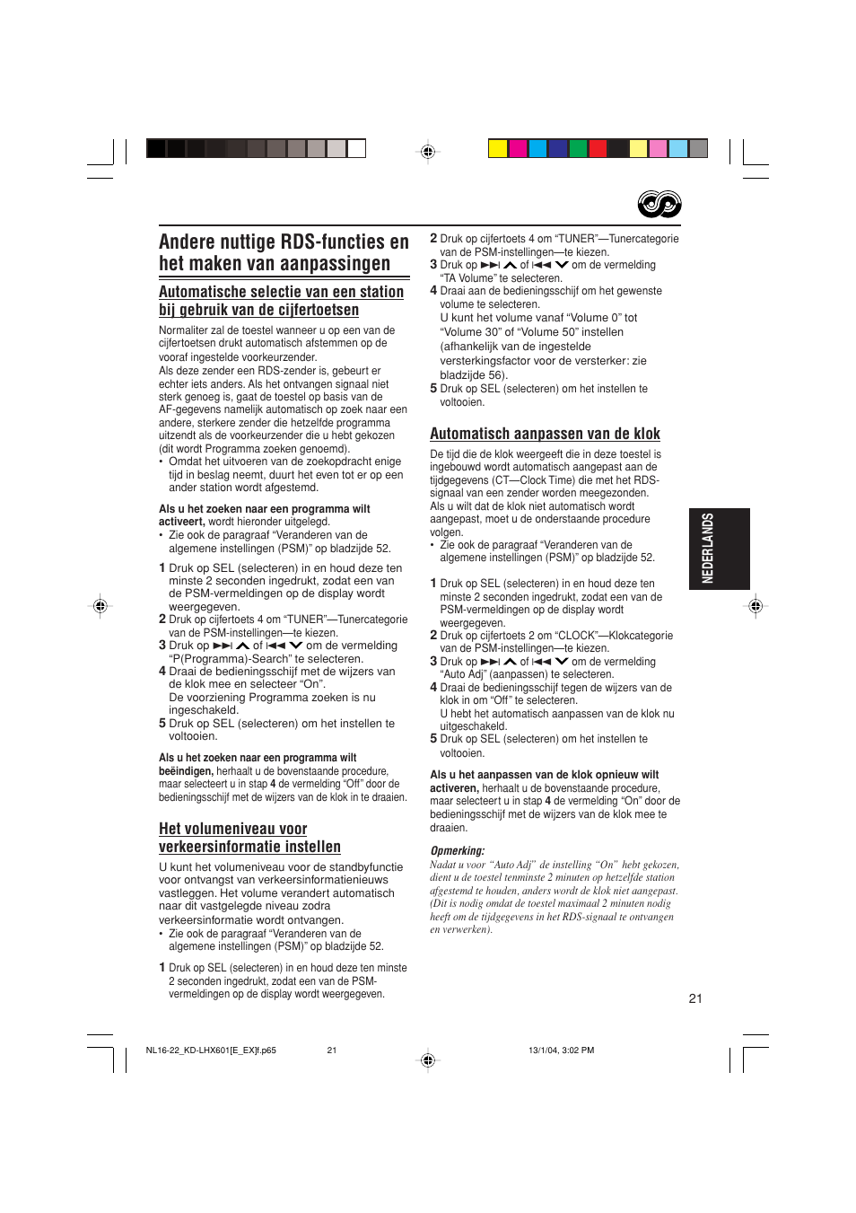 Automatisch aanpassen van de klok, Het volumeniveau voor verkeersinformatie instellen | JVC KD-LHX601 User Manual | Page 237 / 291