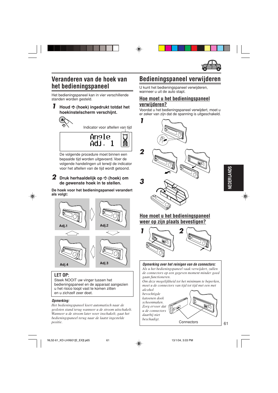 Veranderen van de hoek van het bedieningspaneel, Bedieningspaneel verwijderen | JVC KD-LHX601 User Manual | Page 277 / 291