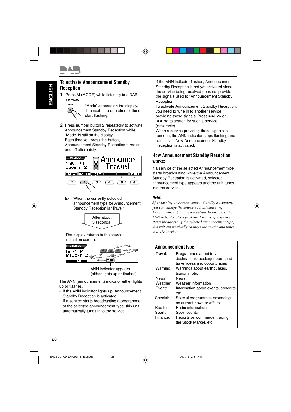 English to activate announcement standby reception, How announcement standby reception works, Announcement type | JVC KD-LHX601 User Manual | Page 28 / 291