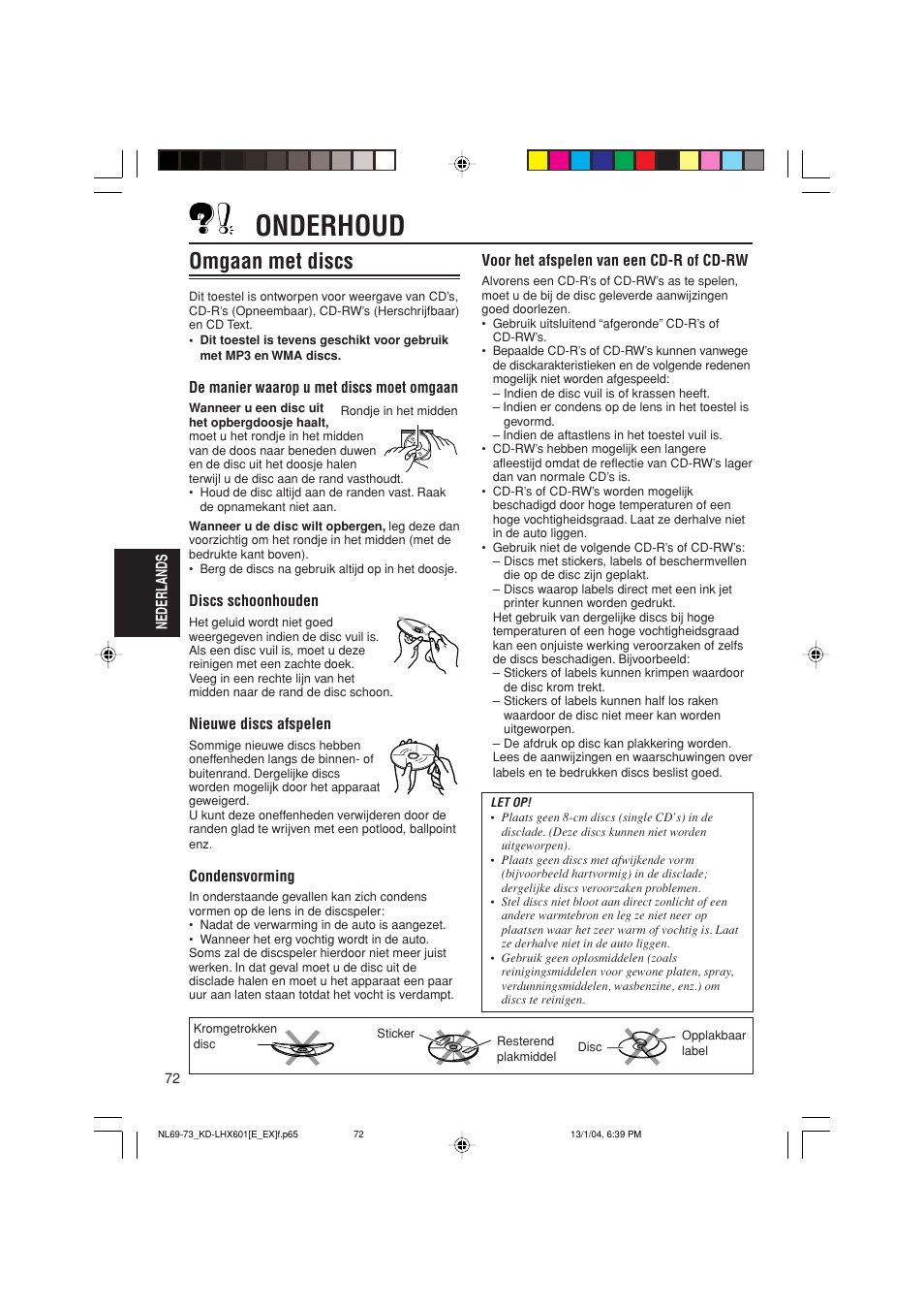 Onderhoud, Omgaan met discs | JVC KD-LHX601 User Manual | Page 288 / 291