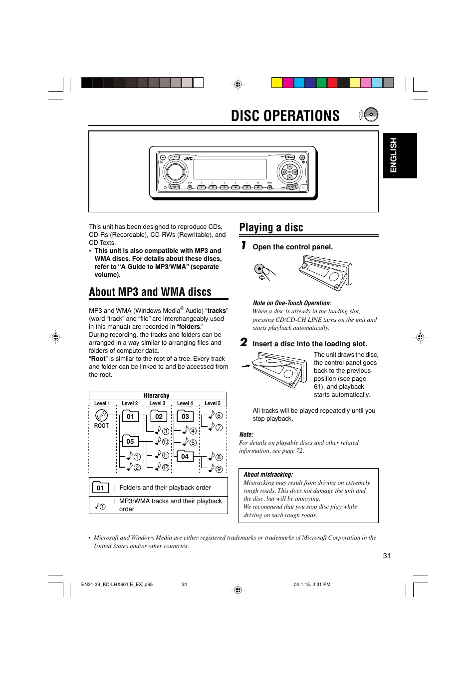 Disc operations, About mp3 and wma discs, Playing a disc 1 | JVC KD-LHX601 User Manual | Page 31 / 291