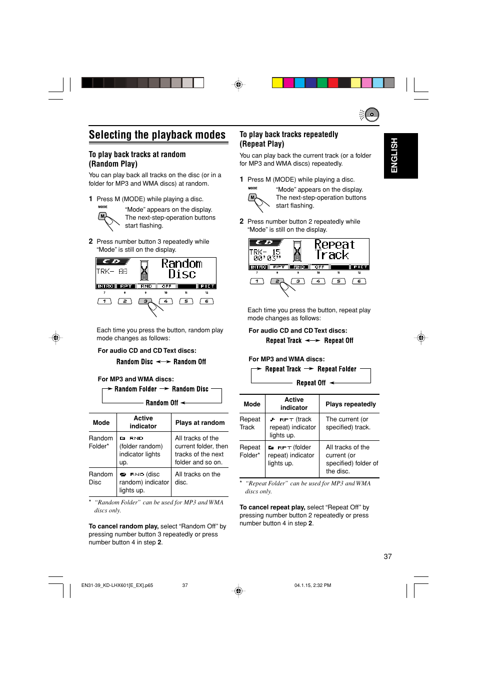 Selecting the playback modes, English | JVC KD-LHX601 User Manual | Page 37 / 291