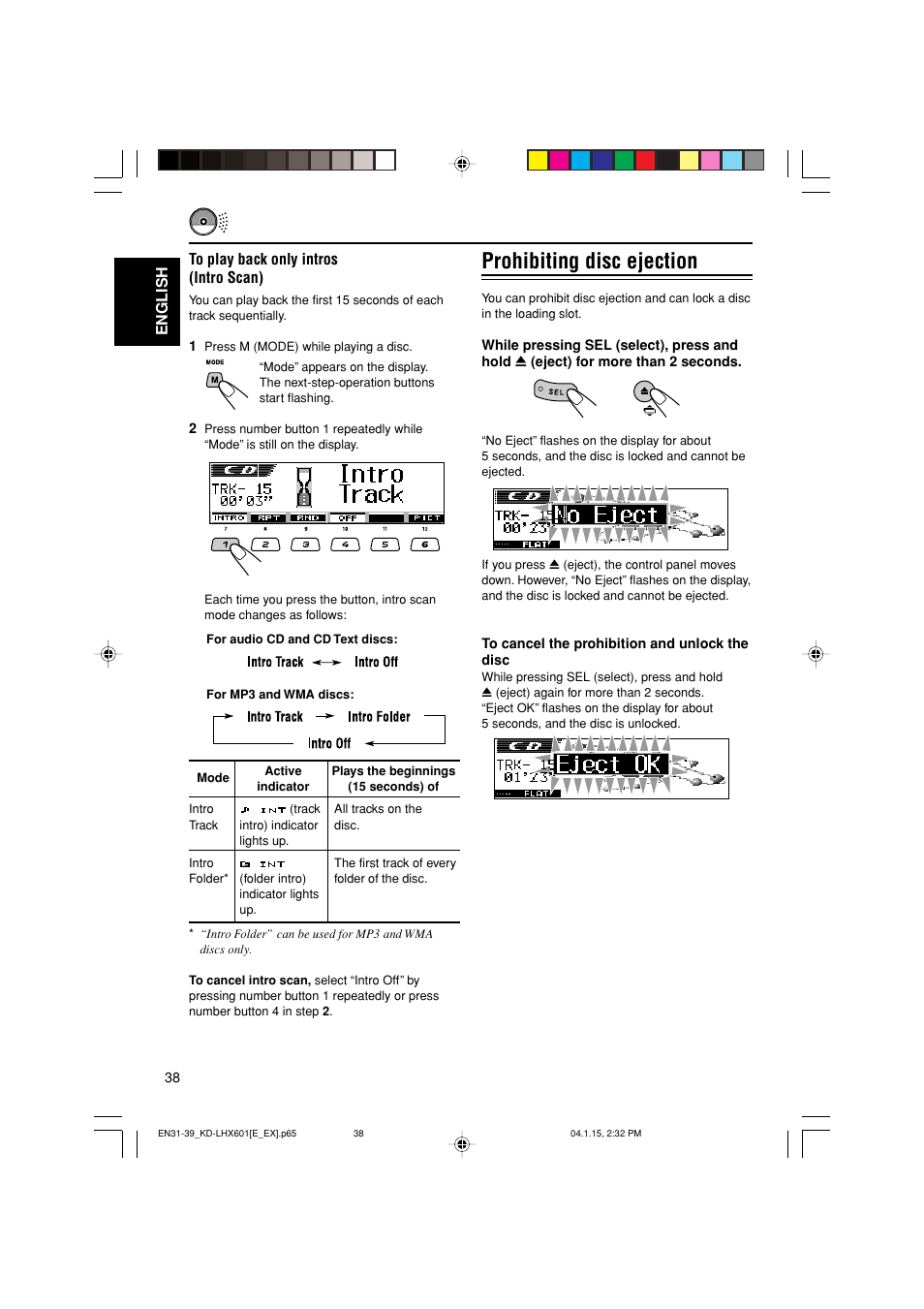 Prohibiting disc ejection, English to play back only intros (intro scan) | JVC KD-LHX601 User Manual | Page 38 / 291