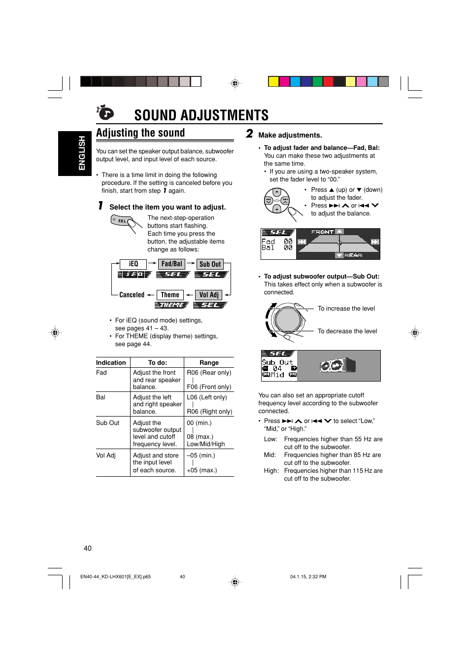 Sound adjustments, Adjusting the sound | JVC KD-LHX601 User Manual | Page 40 / 291