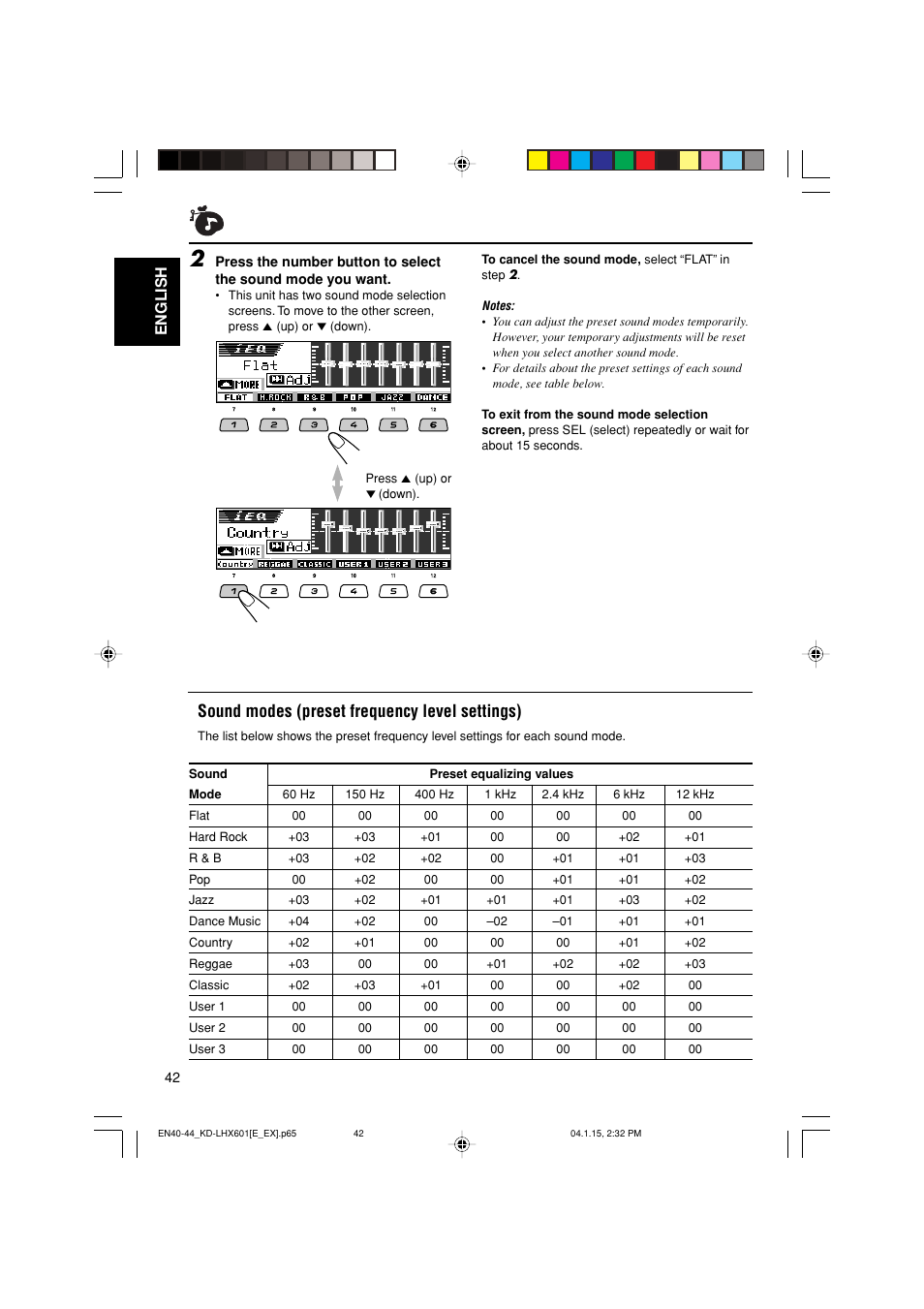 Sound modes (preset frequency level settings), English | JVC KD-LHX601 User Manual | Page 42 / 291