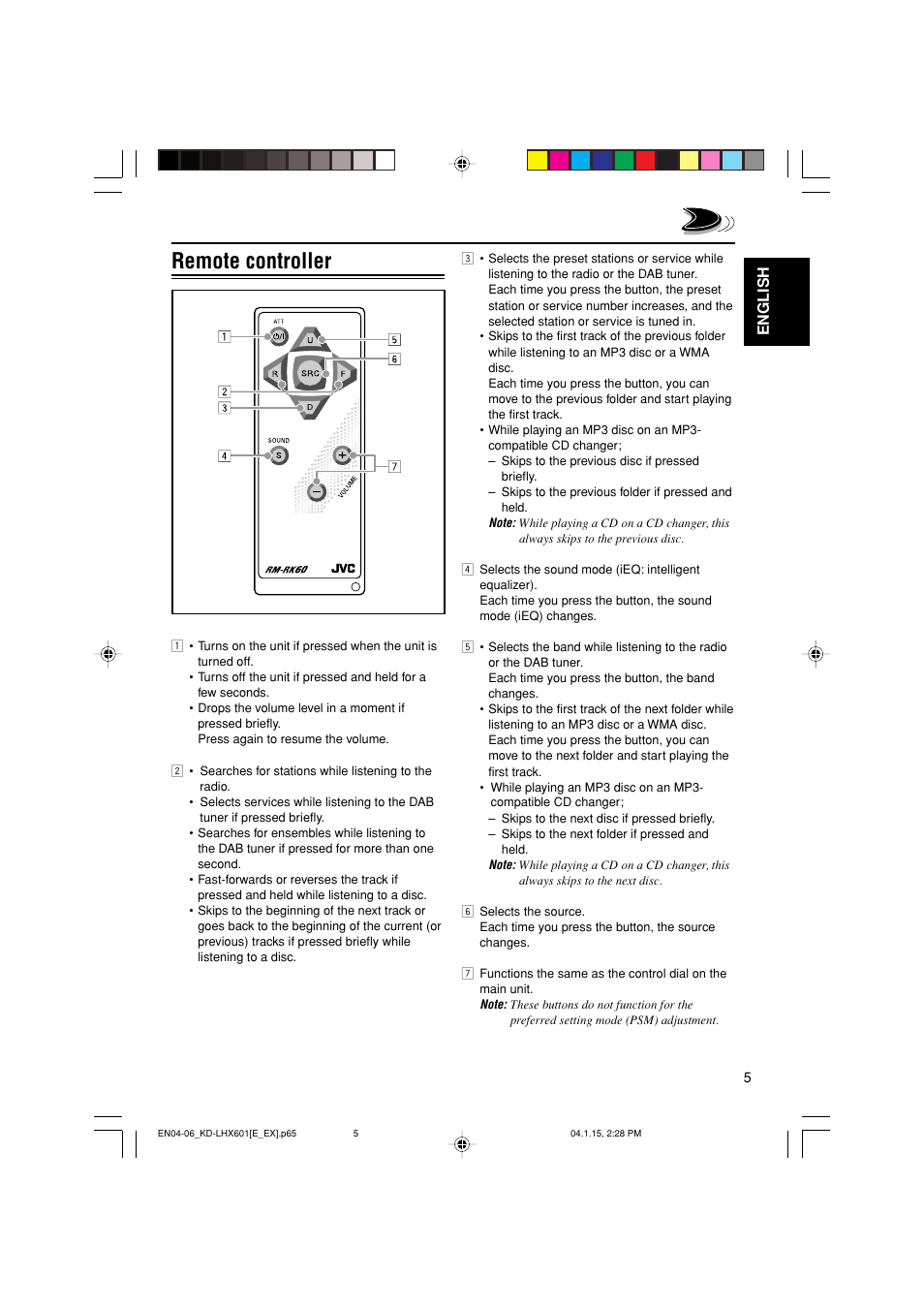 Remote controller, English | JVC KD-LHX601 User Manual | Page 5 / 291