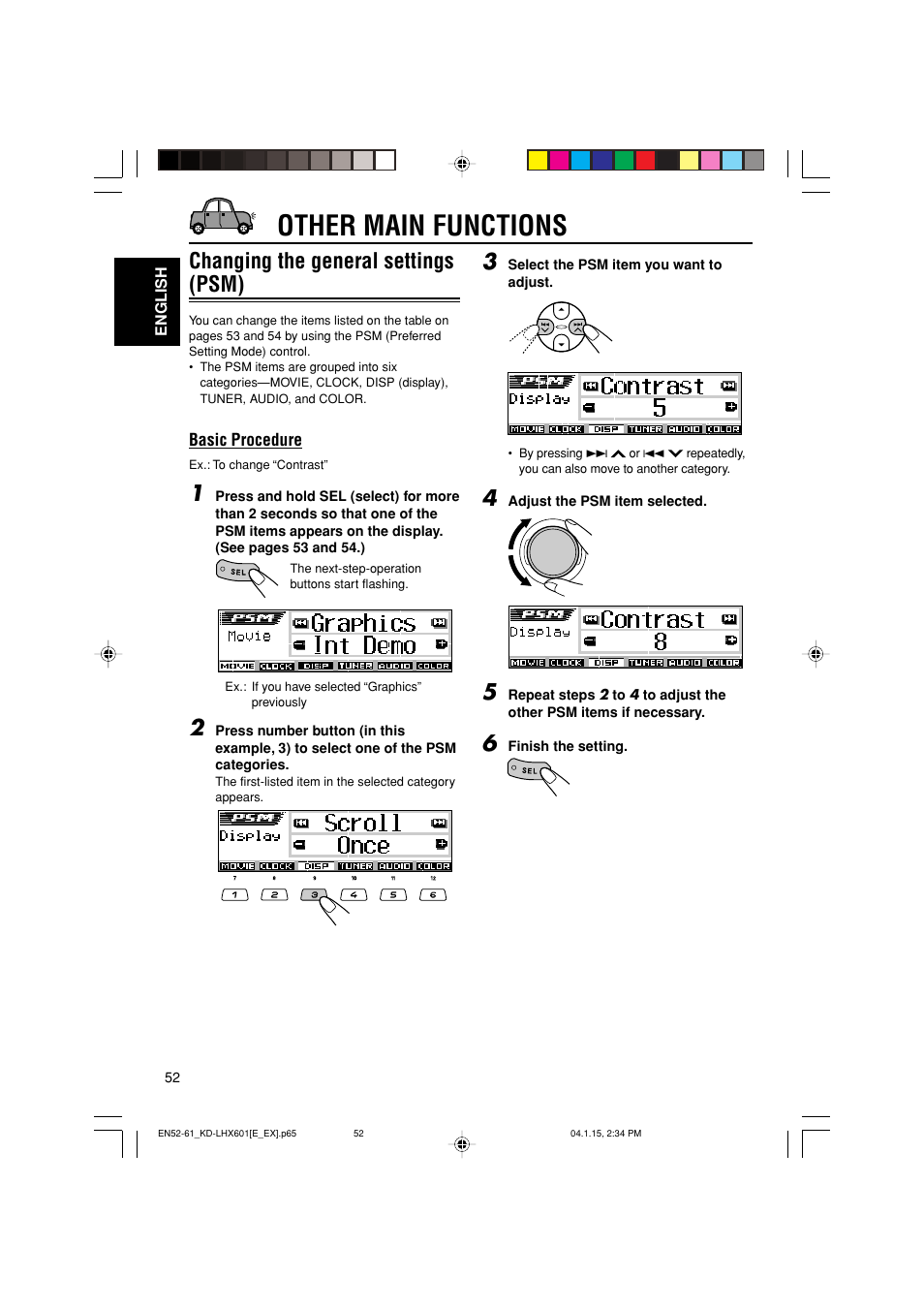Other main functions, Changing the general settings (psm) | JVC KD-LHX601 User Manual | Page 52 / 291