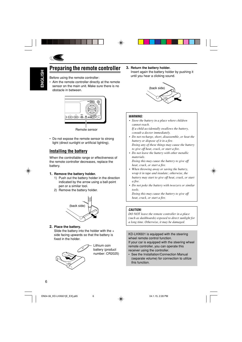 Preparing the remote controller, Installing the battery, English | JVC KD-LHX601 User Manual | Page 6 / 291